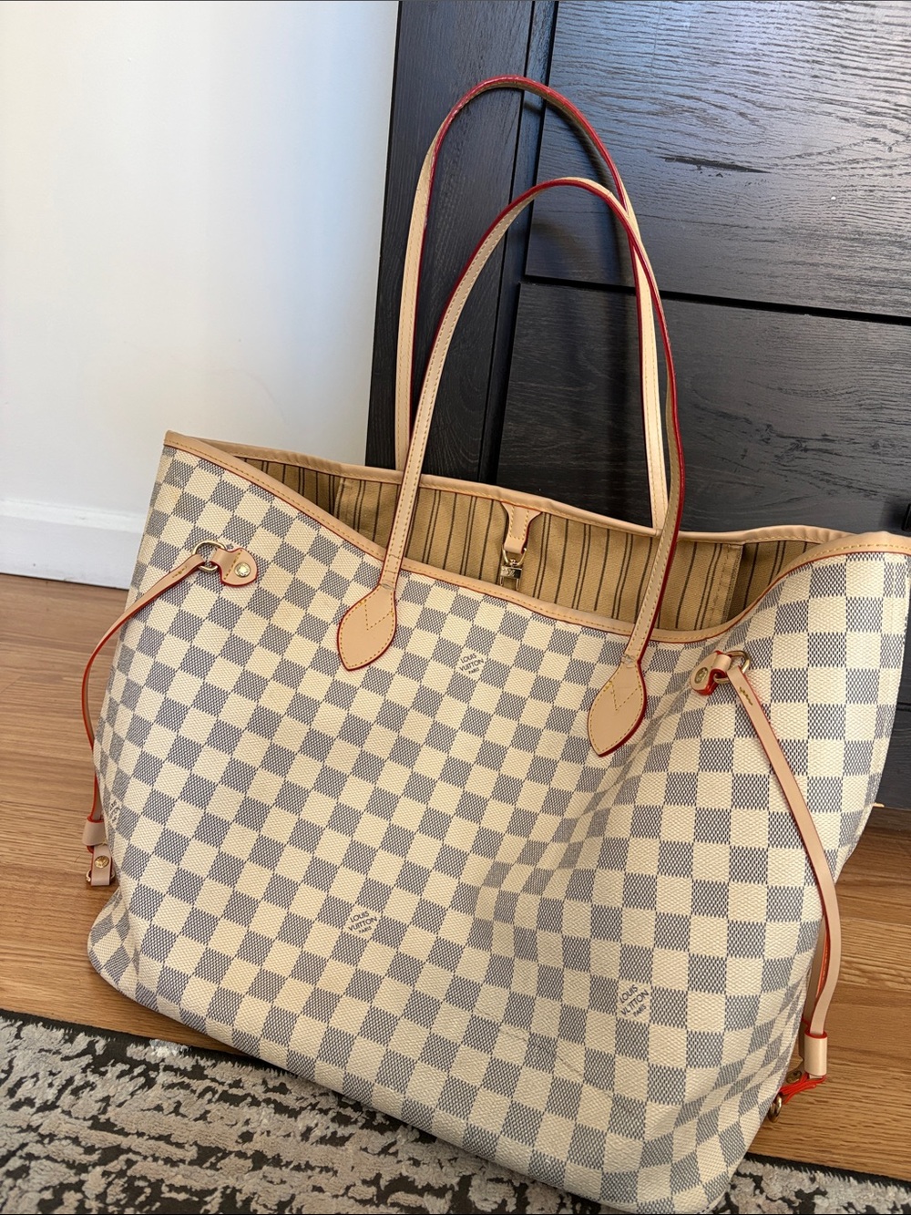Checked Canvas Tote in Cream and Gray with Tan Trim